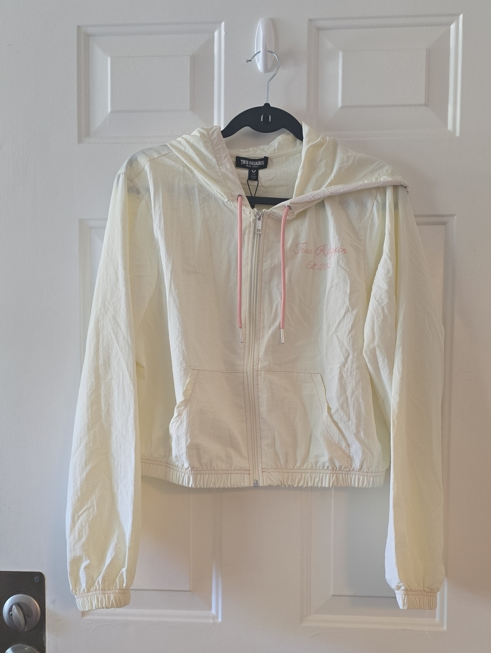 True Religion Cream Zip Hoodie with Pink Drawstrings